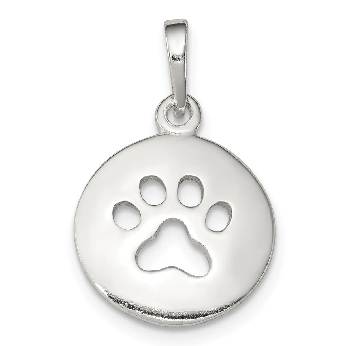 Silver pendant featuring a circular disc with a cutout paw print design, suspended from a rectangular bail loop.