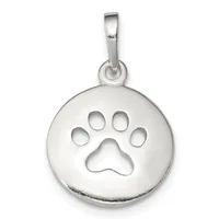 Silver pendant featuring a circular disc with a cutout paw print design, suspended from a rectangular bail loop.