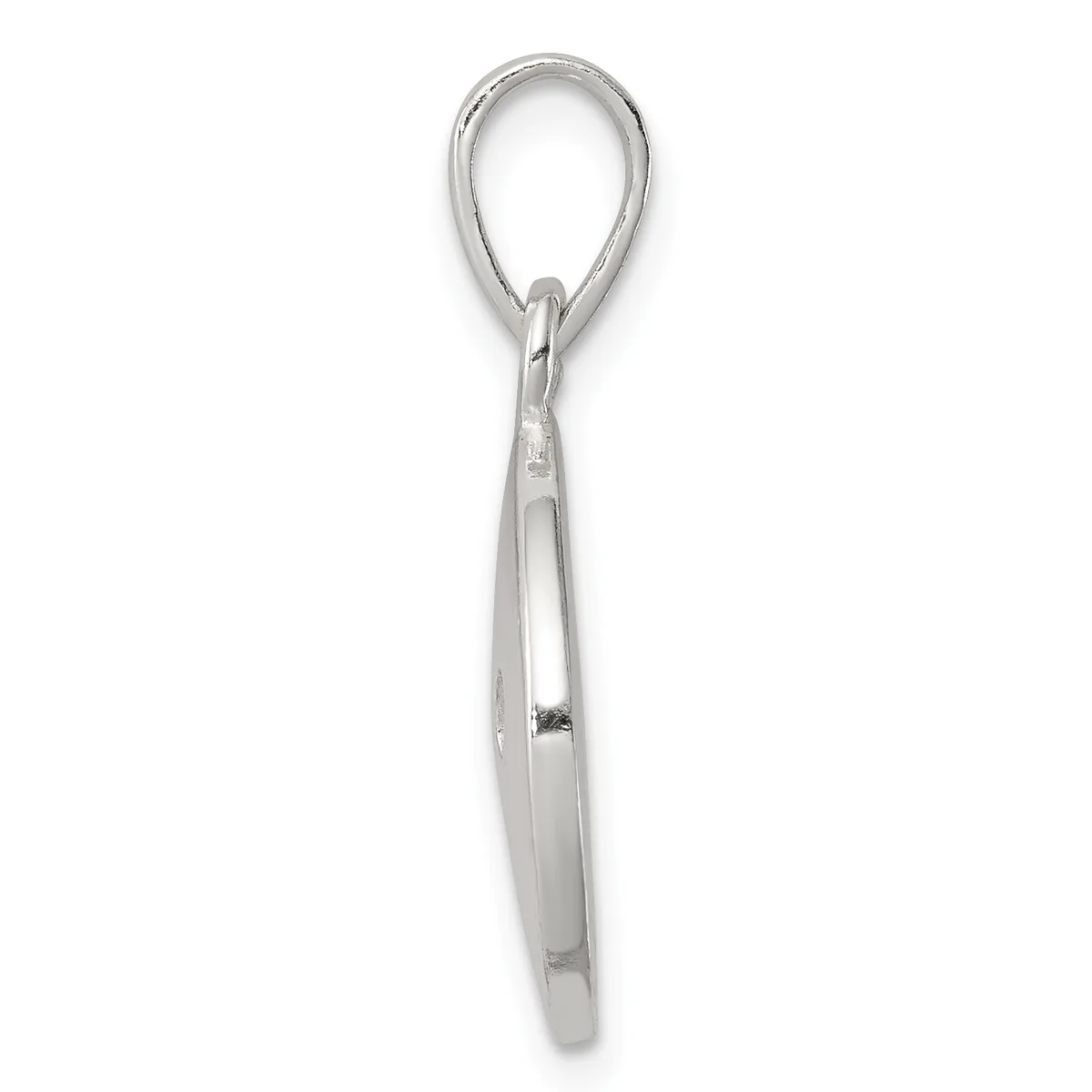 A polished silver teardrop-shaped pendant with a small loop at the top for hanging.