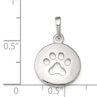 Silver circular pendant with a cutout paw print design, shown next to a measurement scale indicating approximately half an inch in diameter.