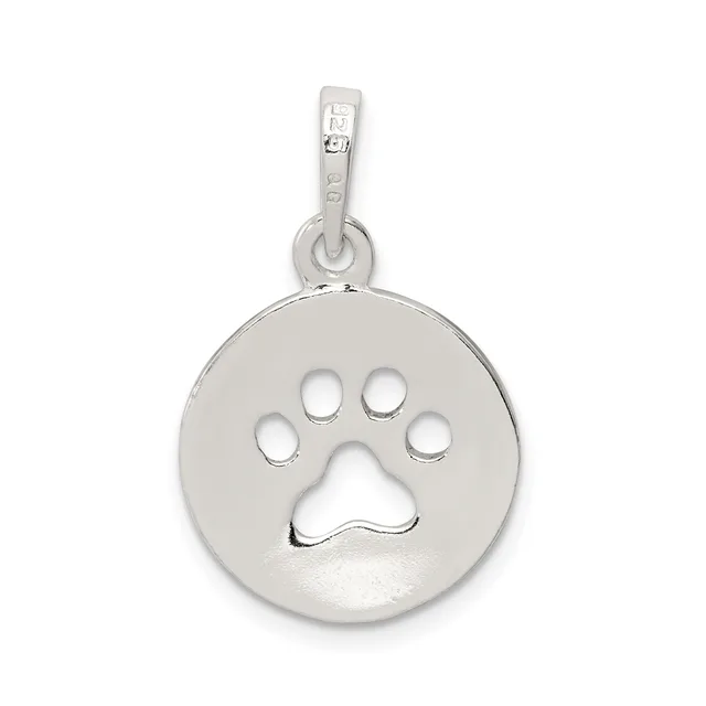 Silver circular pendant with a cutout paw print design and attached bail, shown hanging against a white background.
