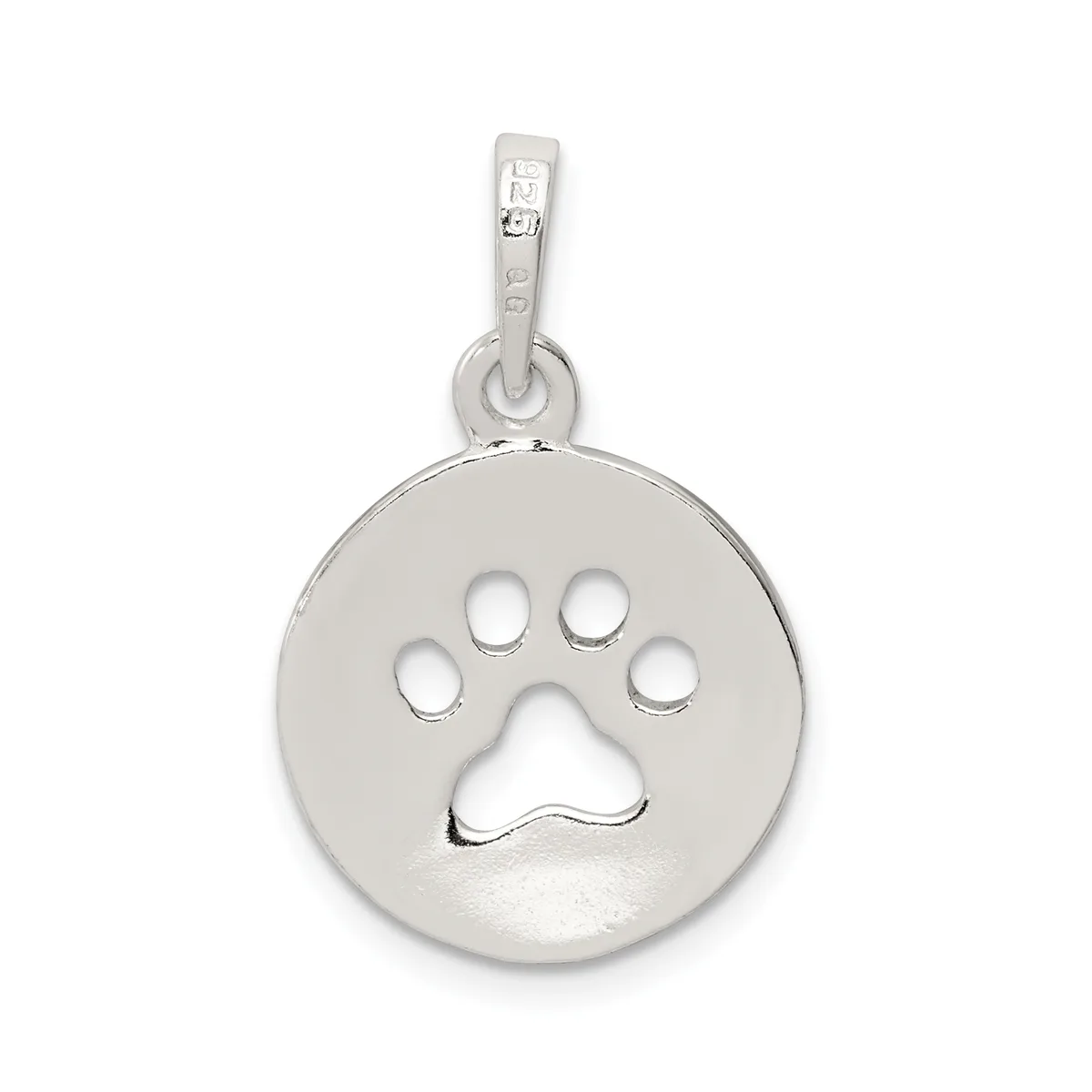 Silver circular pendant with a cutout paw print design and attached bail, shown hanging against a white background.