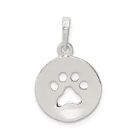 Silver circular pendant with a cutout paw print design and attached bail, shown hanging against a white background.
