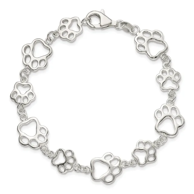 Silver-toned bracelet with alternating heart and paw print charms linked together, featuring a lobster claw clasp.