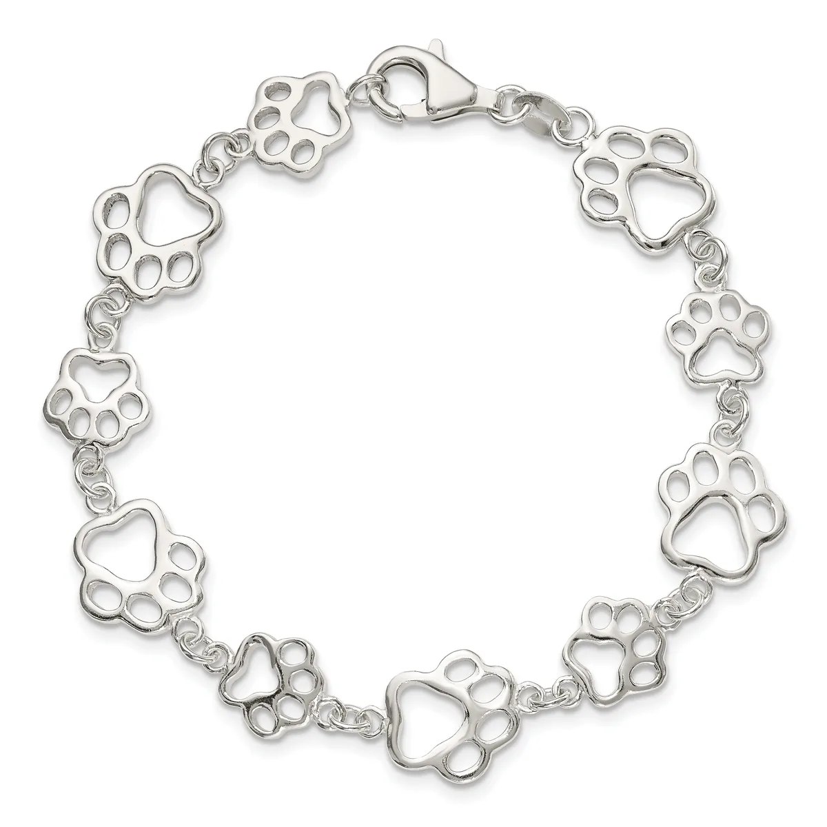 Silver-toned bracelet with alternating heart and paw print charms linked together, featuring a lobster claw clasp.