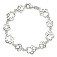 Silver-toned bracelet with alternating heart and paw print charms linked together, featuring a lobster claw clasp.