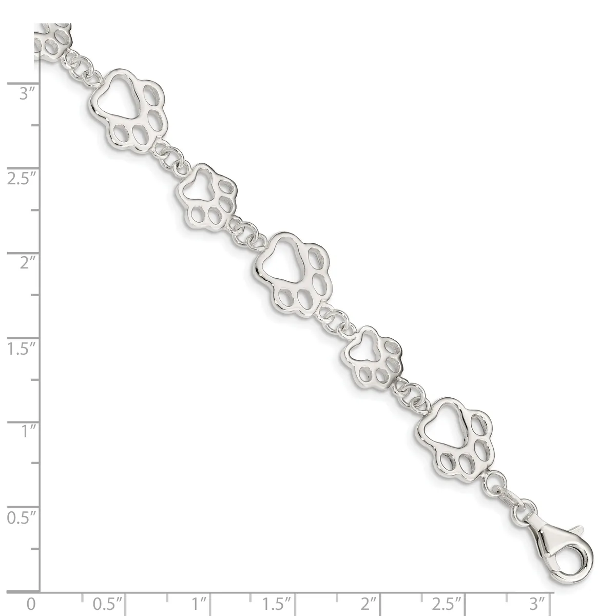 Silver bracelet with repeating paw print and heart charms connected by decorative links, displayed against a measurement ruler showing approximately 3 inches in length.