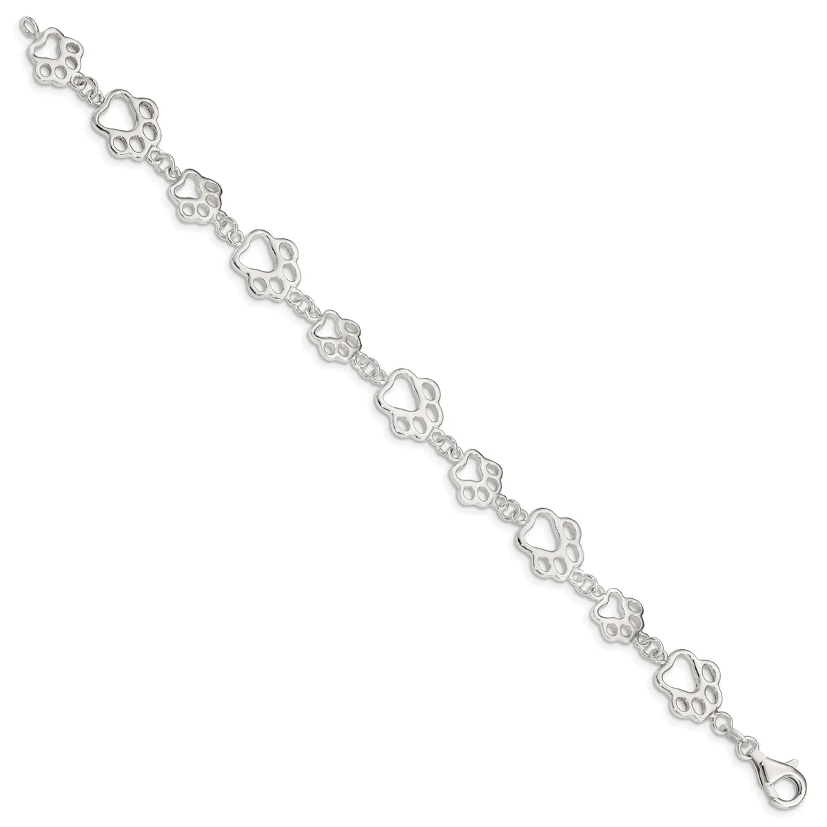 A silver bracelet with repeating heart-shaped links connected by decorative circular elements, displayed diagonally against a white background.