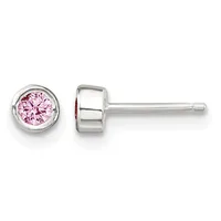A pair of silver stud earrings with round bezels containing pink round-cut gemstones, shown from front and side views.