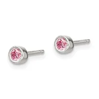 A pair of silver stud earrings with pink round gemstones set in bezel settings, shown against a white background.