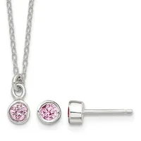 Sterling silver jewelry set with pink cubic zirconia stones, consisting of a pendant necklace with chain and matching stud earrings.