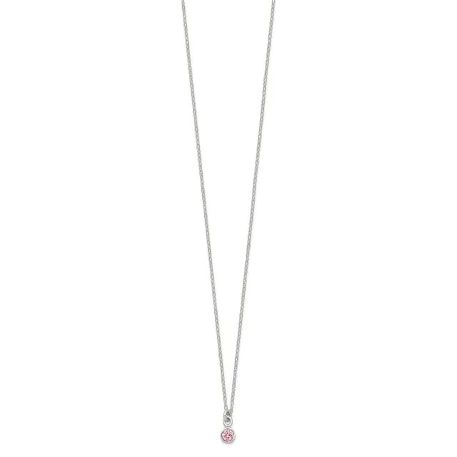 Silver chain necklace with a small pendant featuring a pink or red round stone set in a circular bezel.