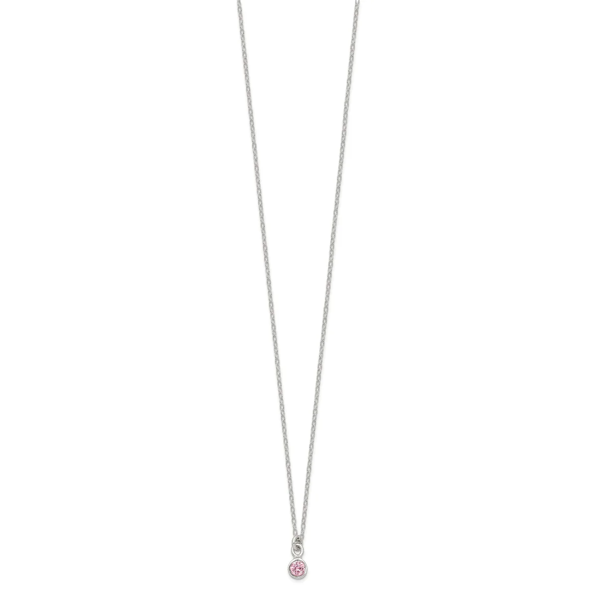 Silver chain necklace with a small pendant featuring a pink or red round stone set in a circular bezel.