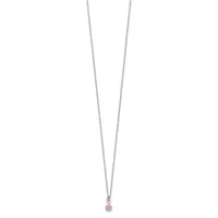 Silver chain necklace with a small pendant featuring a pink or red round stone set in a circular bezel.
