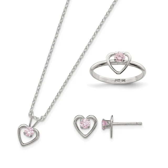 Silver heart-shaped jewelry set with pink stones including a pendant necklace, stud earrings, and a ring, displayed on a white background.