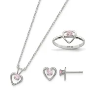 Silver heart-shaped jewelry set with pink stones including a pendant necklace, stud earrings, and a ring, displayed on a white background.