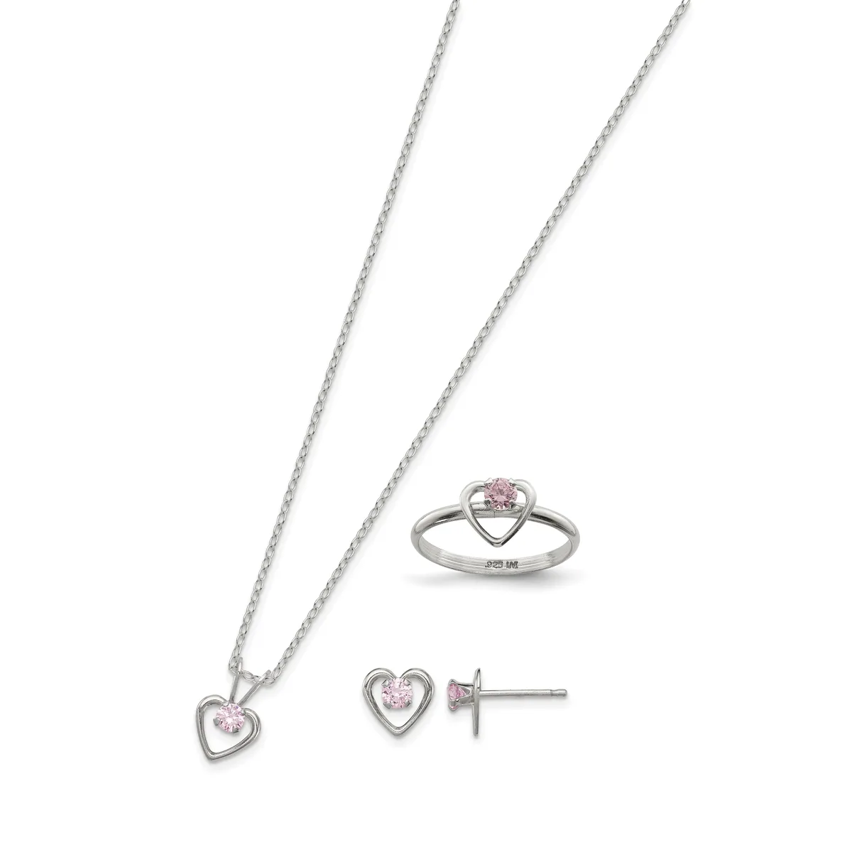Three-piece sterling silver jewelry set with pink stones: a heart pendant on a chain, matching heart stud earrings, and a heart-shaped ring, displayed on white background.