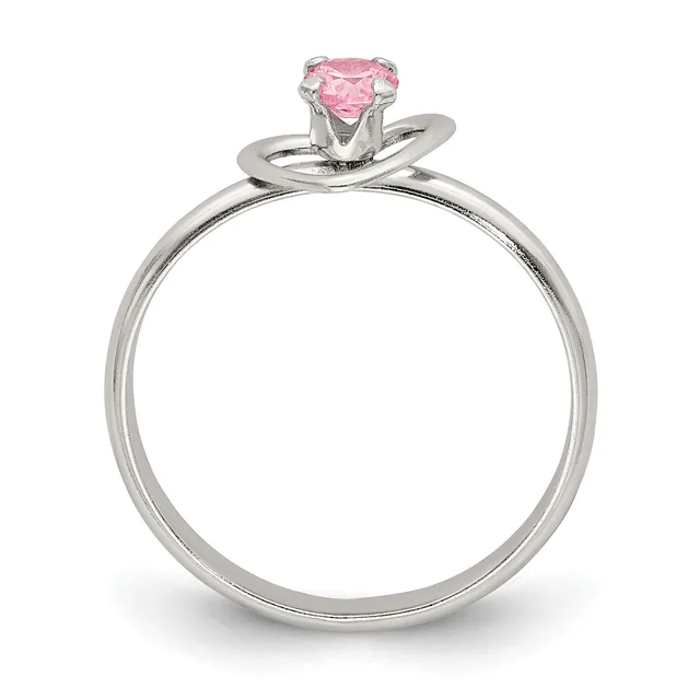 Silver engagement ring with a curved band and a round pink gemstone in a four-prong setting, shown on a white background.