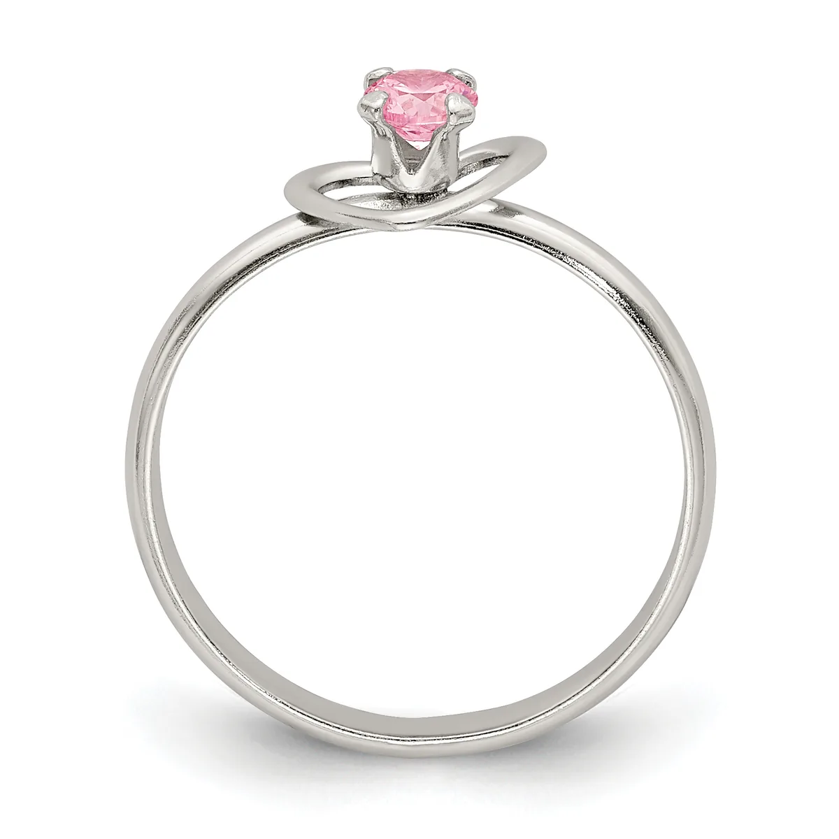 Silver engagement ring with a curved band and a round pink gemstone in a four-prong setting, shown on a white background.