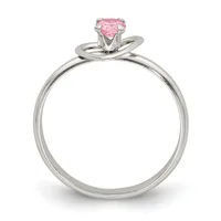 Silver engagement ring with a curved band and a round pink gemstone in a four-prong setting, shown on a white background.