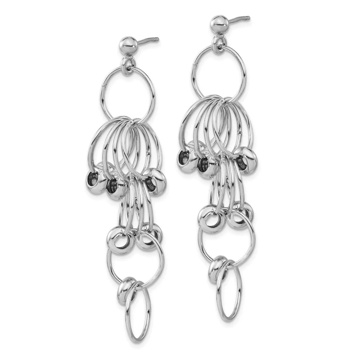 Pair of silver dangle earrings with ball post backs featuring stacked rings and dangling hematite beads arranged in a jellyfish-like design.
