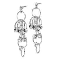 Pair of silver dangle earrings with ball post backs featuring stacked rings and dangling hematite beads arranged in a jellyfish-like design.
