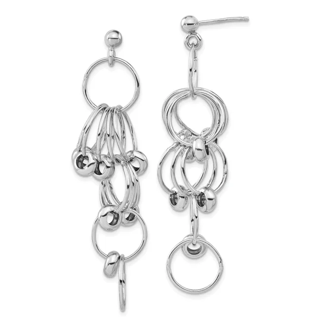 Pair of silver-tone dangle earrings with post backs featuring stacked circular rings and small beads hanging from a larger ring at the top.