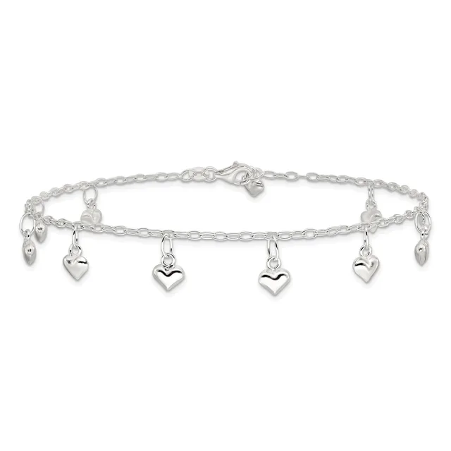 Silver chain bracelet with multiple small heart charms hanging from links, shown laid flat against a white background.