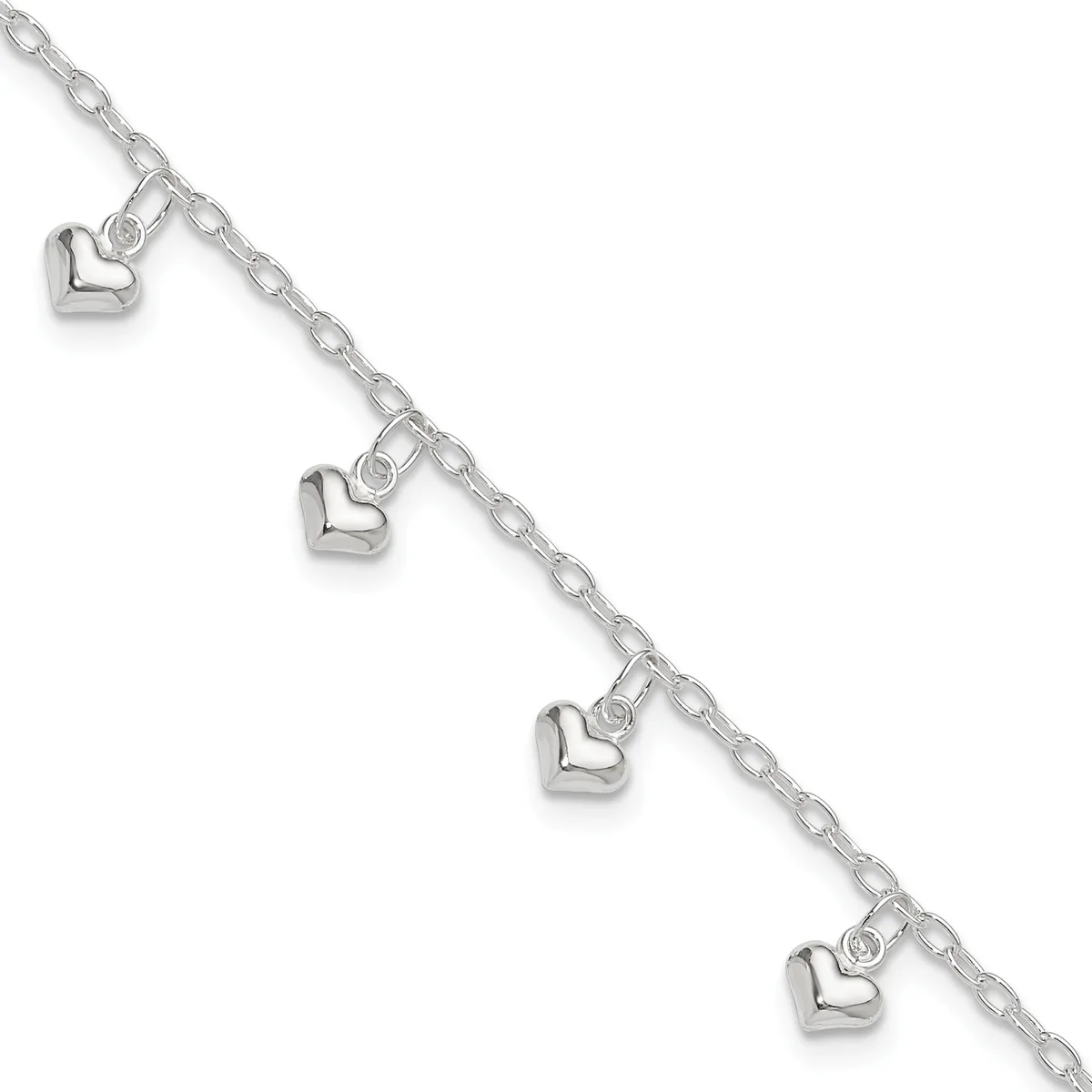 Silver chain bracelet with four small heart charms evenly spaced along its length, displayed diagonally against a white background.