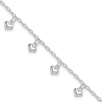 Silver chain bracelet with four small heart charms evenly spaced along its length, displayed diagonally against a white background.