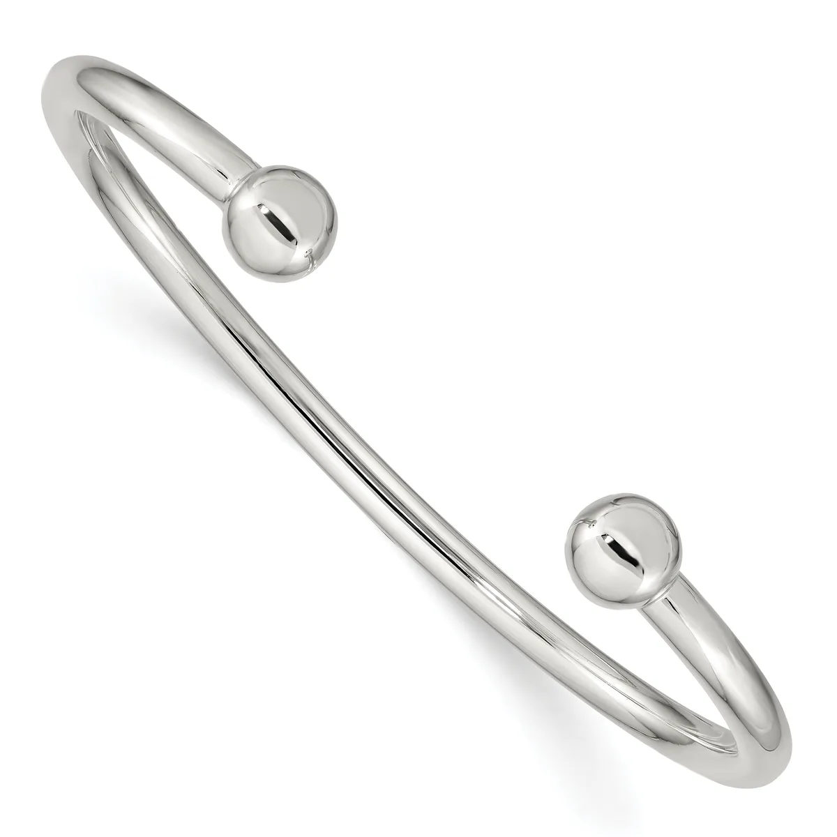 Silver-toned metal cuff bracelet with polished finish and two spherical end caps, each featuring a small slot detail.