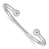 Silver-toned metal cuff bracelet with polished finish and two spherical end caps, each featuring a small slot detail.