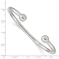 Silver-toned cuff bracelet with spherical ball ends, shown at actual size against a ruler measuring approximately two inches in diameter.