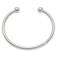 A polished silver-toned open cuff bracelet with spherical ball terminals at each end, displayed against a white background.