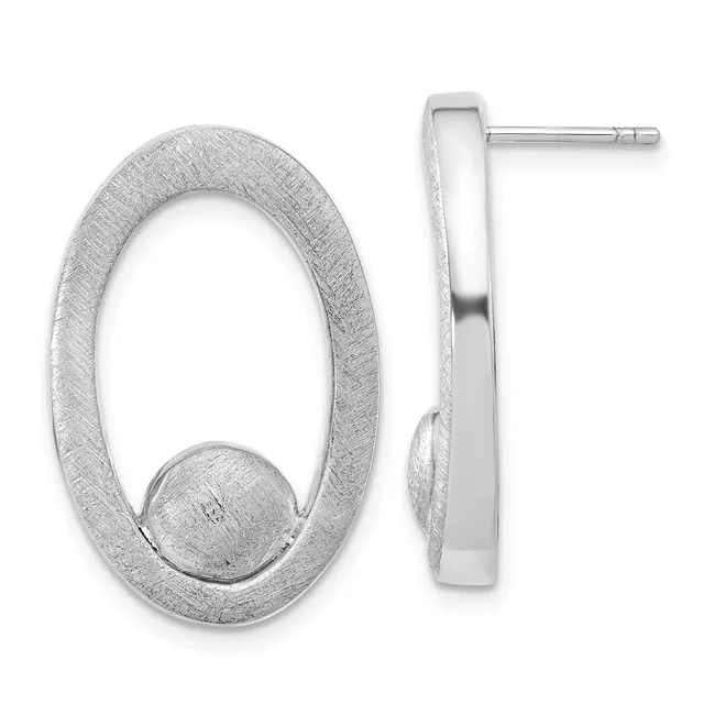 Pair of silver oval hoop earrings with textured finish and small spherical accents, shown from front and side views.