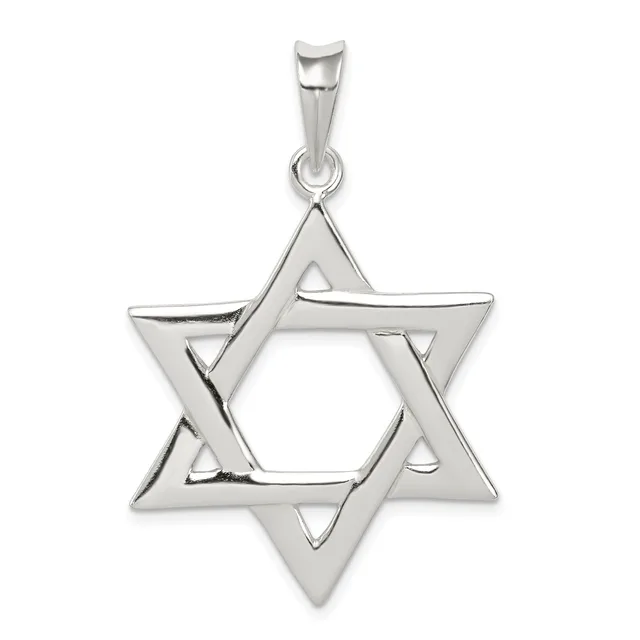 A polished silver Star of David pendant with a hollow center and a small bail loop at the top.