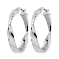 A pair of polished silver twisted hoop earrings with clip-on closures, displayed against a white background.