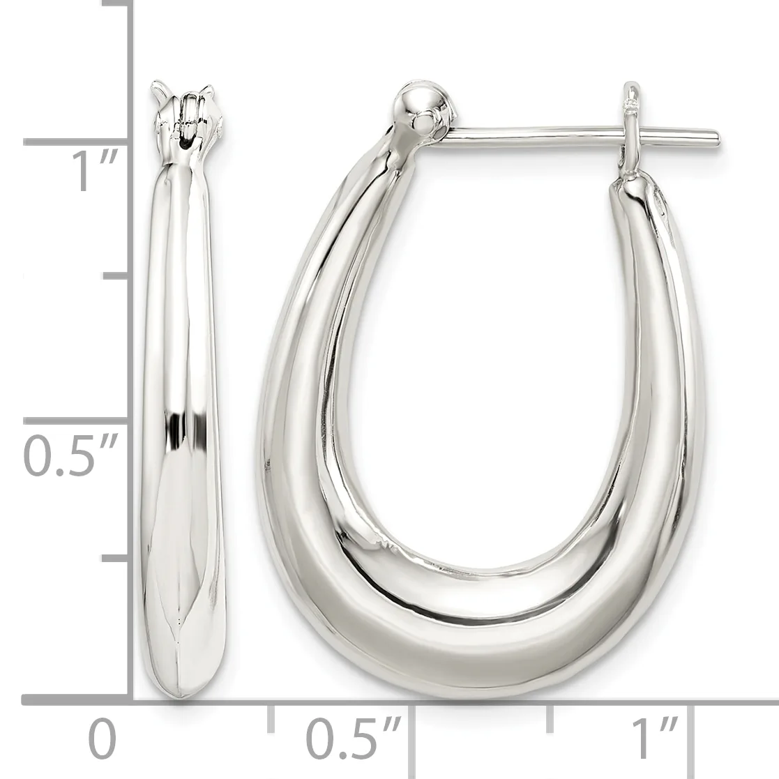 Polished silver-toned hoop earrings with a chunky oval shape and hinged closures, shown next to a measurement scale indicating approximately one inch in length.