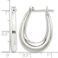 Polished silver-toned hoop earrings with a chunky oval shape and hinged closures, shown next to a measurement scale indicating approximately one inch in length.