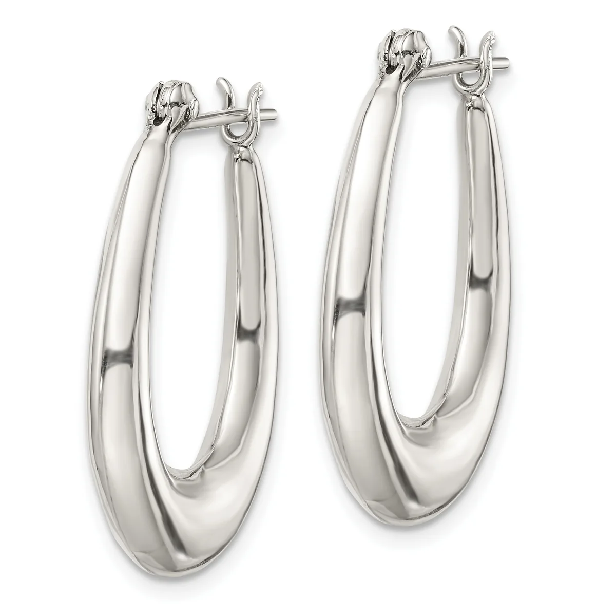 A pair of polished silver-toned oval hoop earrings with chunky tubing, shown side by side against a white background.