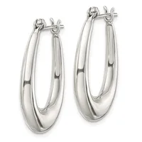 A pair of polished silver-toned oval hoop earrings with chunky tubing, shown side by side against a white background.