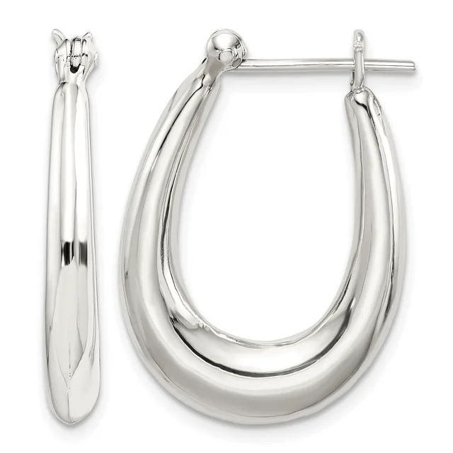 A pair of polished silver hoop earrings with a chunky oval shape and post-and-clutch closures, shown from front and side views.