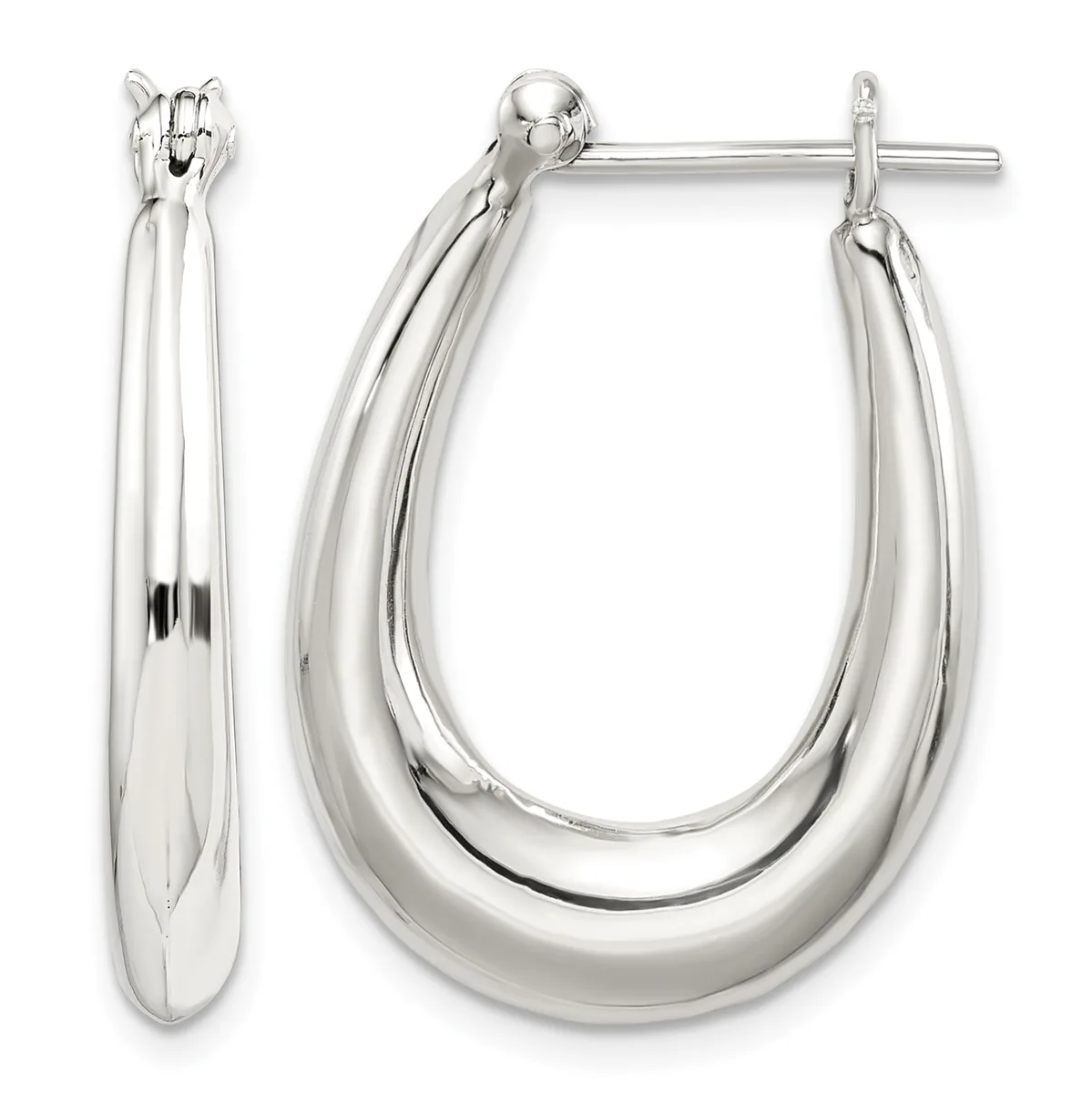A pair of polished silver hoop earrings with a chunky oval shape and post-and-clutch closures, shown from front and side views.