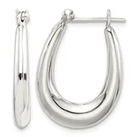 A pair of polished silver hoop earrings with a chunky oval shape and post-and-clutch closures, shown from front and side views.