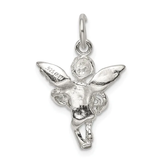 Silver cherub pendant with wings outstretched, a round faceted stone set in the chest, dangling loop bail at top.