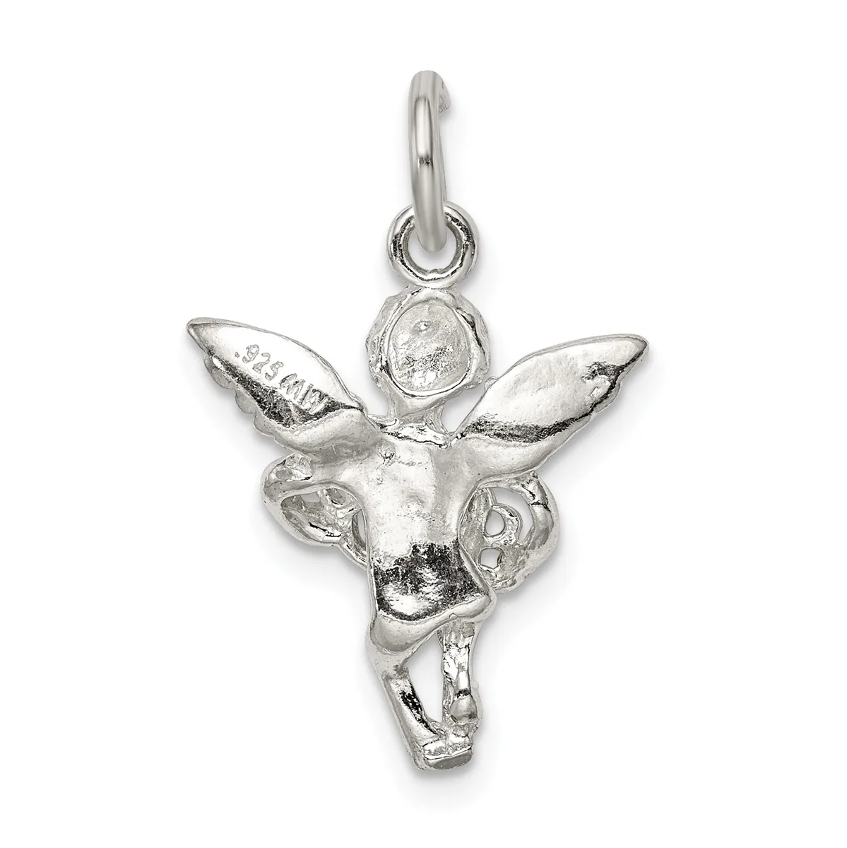 Silver cherub pendant with wings outstretched, a round faceted stone set in the chest, dangling loop bail at top.