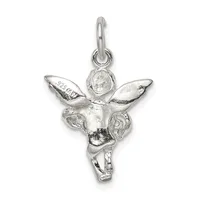 Silver cherub pendant with wings outstretched, a round faceted stone set in the chest, dangling loop bail at top.