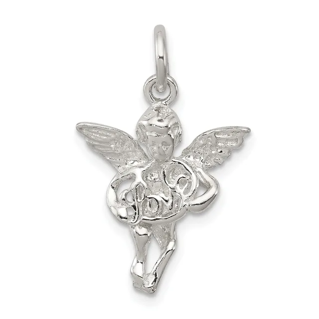 Sterling silver angel charm pendant with outstretched wings and flowing robes, shown suspended from a bail loop against a white background.
