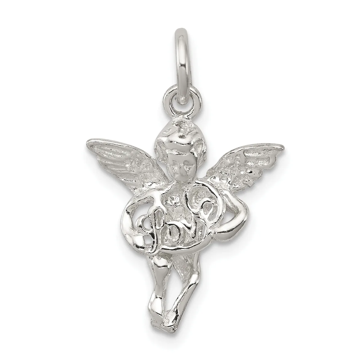 Sterling silver angel charm pendant with outstretched wings and flowing robes, shown suspended from a bail loop against a white background.