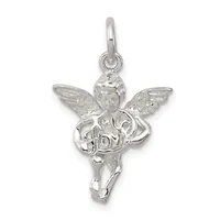 Sterling silver angel charm pendant with outstretched wings and flowing robes, shown suspended from a bail loop against a white background.